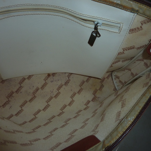 Vintage Ferre Handbag | WHITE with Brown trim Crossbody Messenger Bag-tote 80s - Picture 9 of 14